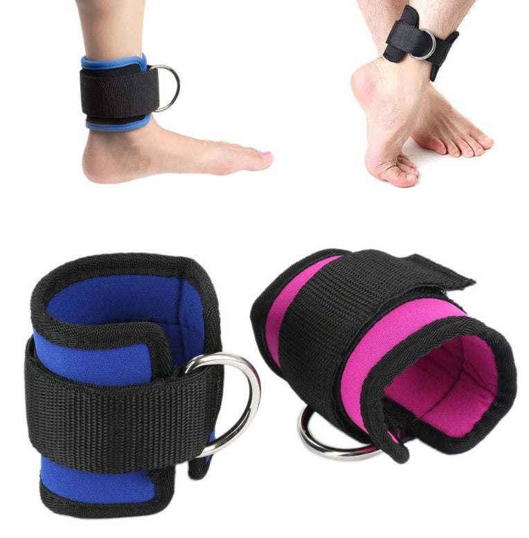 Adjustable D-ring ankle strap weights in black, pink, and blue for fitness and weight lifting