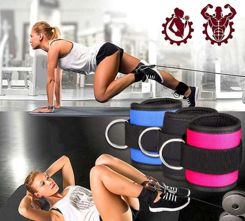 Adjustable D-ring ankle strap weights in black, pink, and blue for gym fitness and power lifting