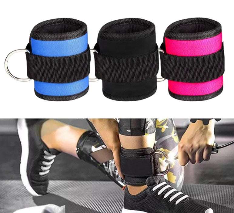 Adjustable D-ring ankle strap fitness weights in black, pink, and blue for leg workouts